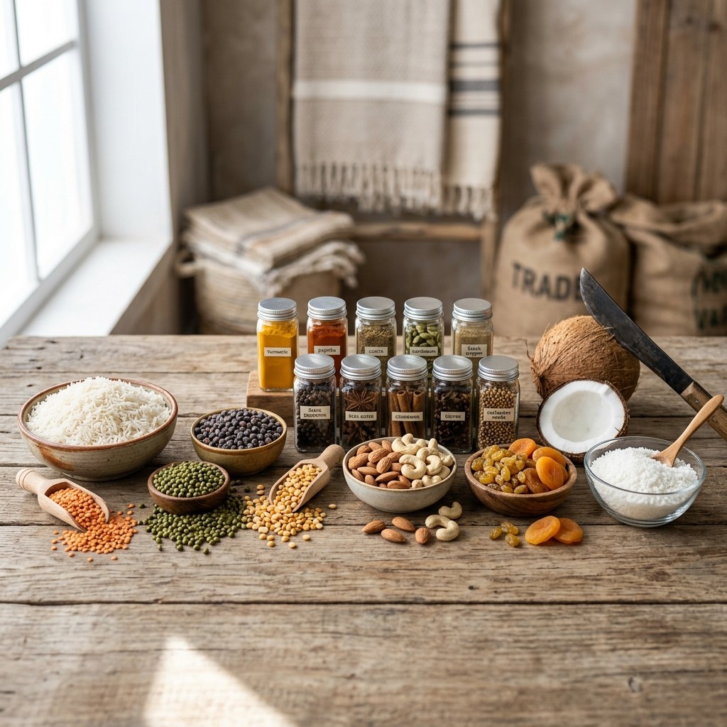 Food trading range including rice spices pulses dry fruits and coconut products
